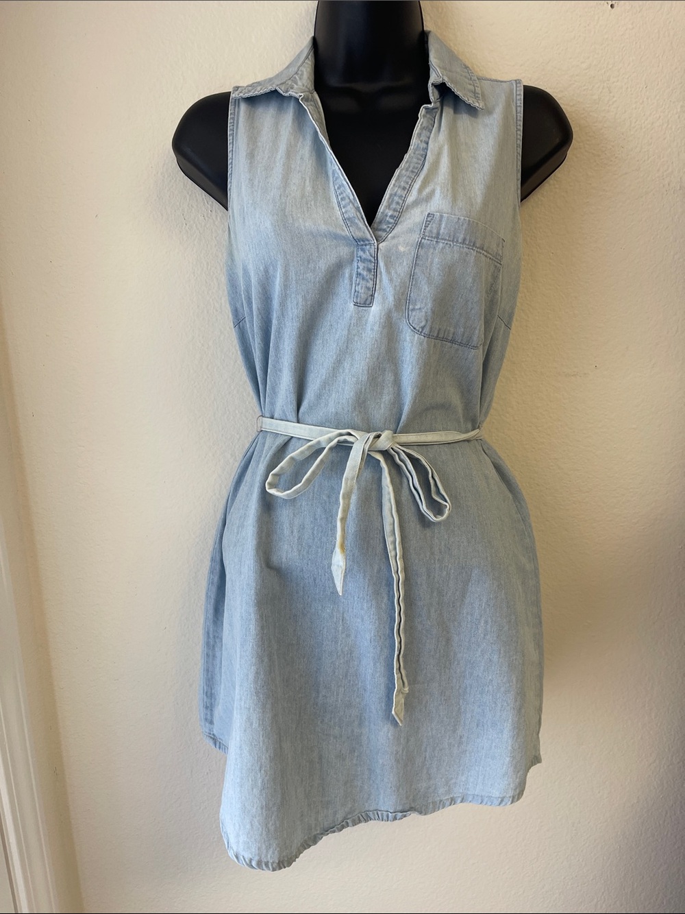 Sleeveless Light Blue Chambray Tie-Waist Mini Dress